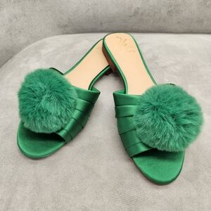 Antonio Melani The Nat Note Dress Slides 8 Green Satin Olga Pom Pom New $170